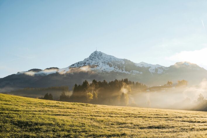 Kitzbühler Horn mit schneebedecktem Gipfel, davor Wald und neblige Wiesen im Morgenlicht.