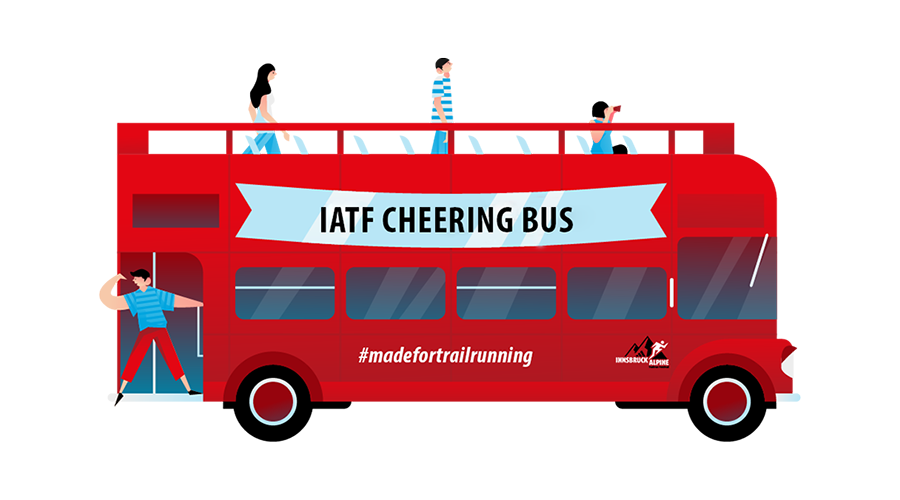 Illustration eines roten Doppeldecker-Busses mit der Aufschrift „IATF Cheering Bus“ und dem Hashtag #madefortrailrunning für das Innsbruck Alpine Trailrun Festival.