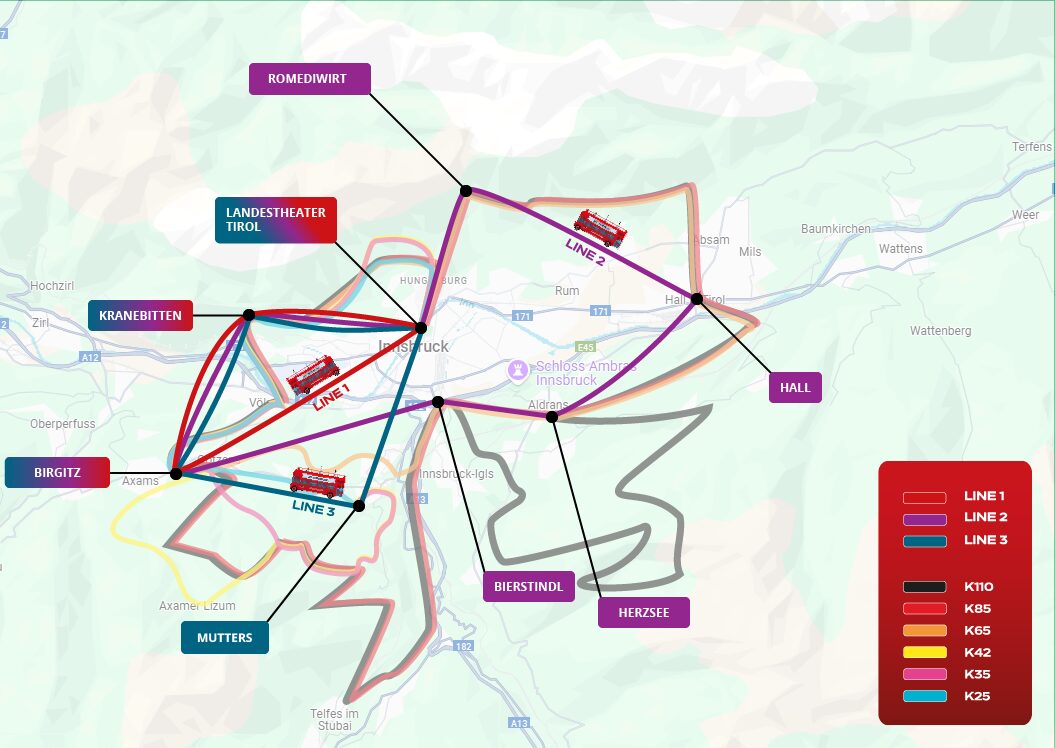 Grafischer Liniennetzplan der IATF Shuttle-Busse mit drei Routen (Line 1, 2, 3) und Anbindungen zu den Startorten Hall, Mutters, Birgitz, Kranebitten und weiteren Stationen wie Herzsee und Romediwirt.