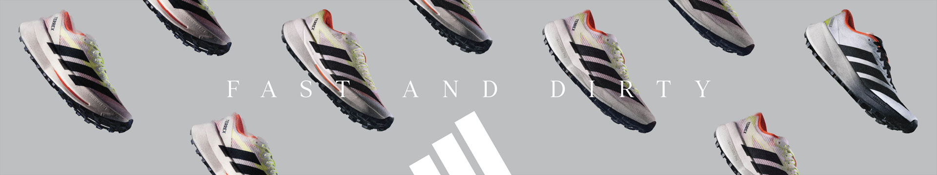 Mehrere Trailrunning-Schuhe sind grafisch auf hellem Hintergrund angeordnet, mit dem Schriftzug „Fast and Dirty“.