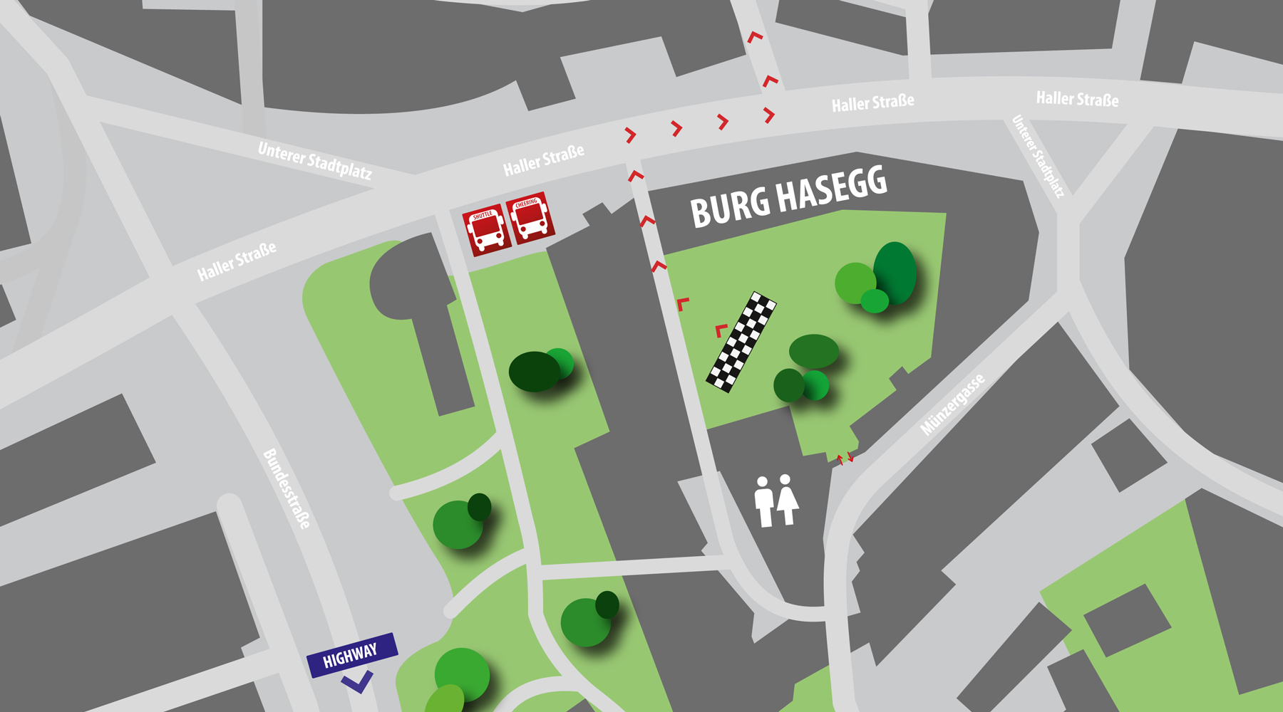 Eine illustrierte Orientierungskarte der Burg Hasegg in Hall in Tirol mit Markierungen für den IATF Cheering Bus, Parkbereiche und den Veranstaltungsort.