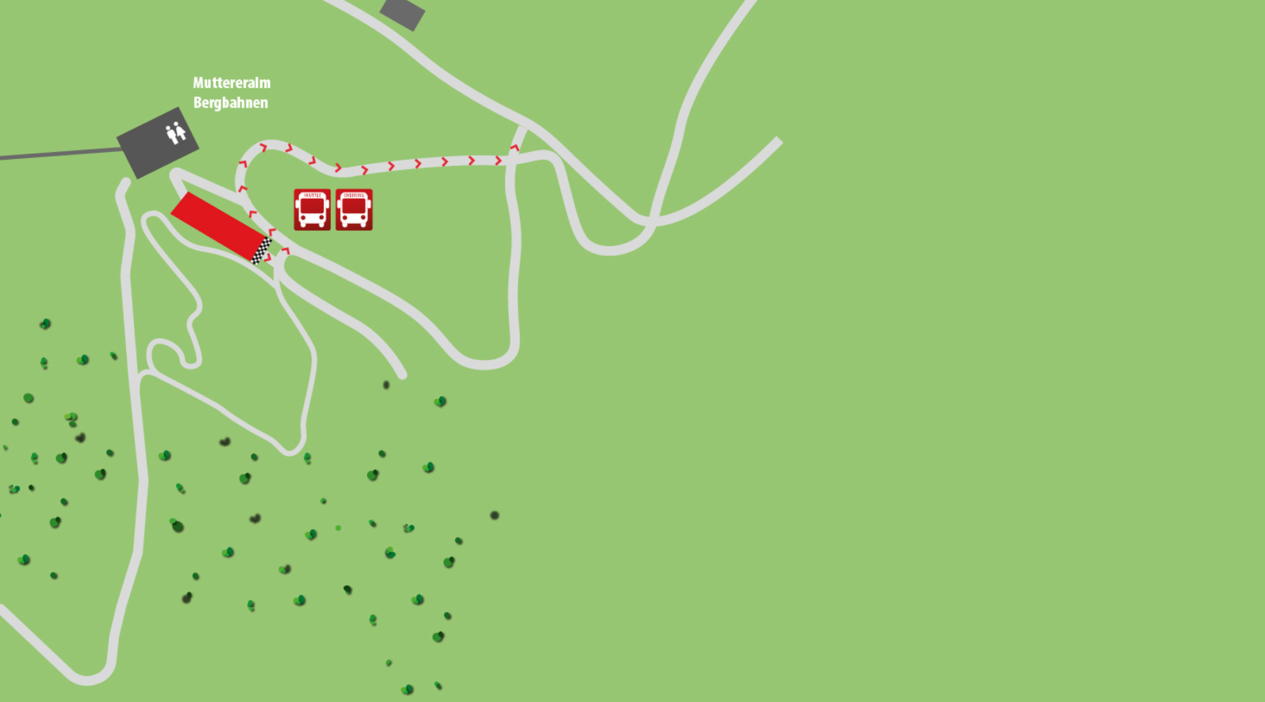 Grafische Geländeübersicht der Muttereralm Bergbahnen mit eingezeichneten Wegen, Standorten für den IATF Cheering Bus und markierten Zielbereichen.